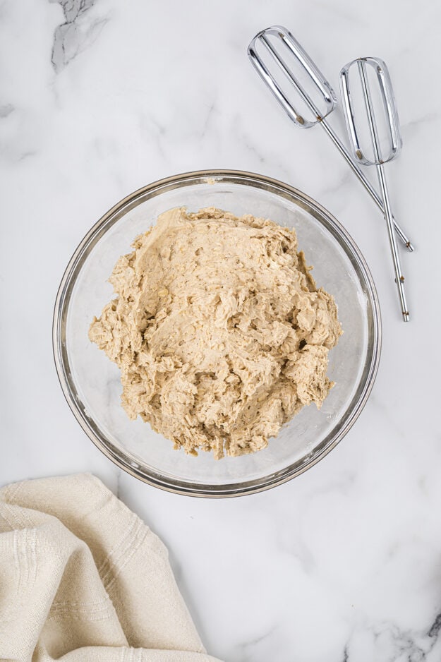 Banana cookie dough in mixing bowl.