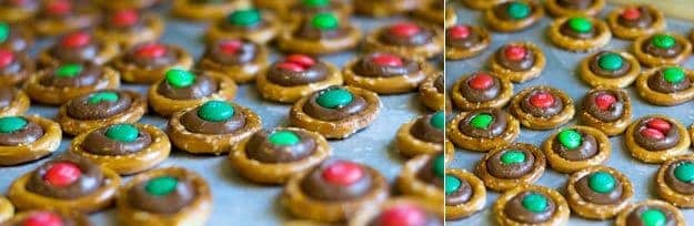 A closeup of pretzel buttons spread out on a baking sheet