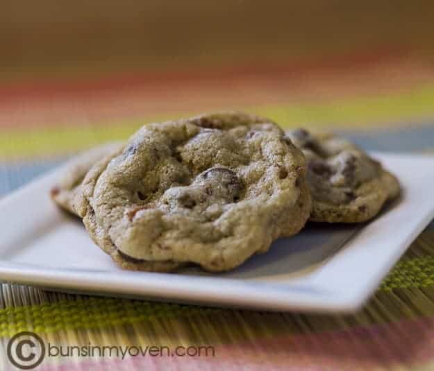 A closeup of the three chocolate chip cookies with bacon 
