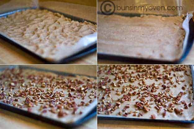 Cinnamon square dough spread out on a baking sheet 