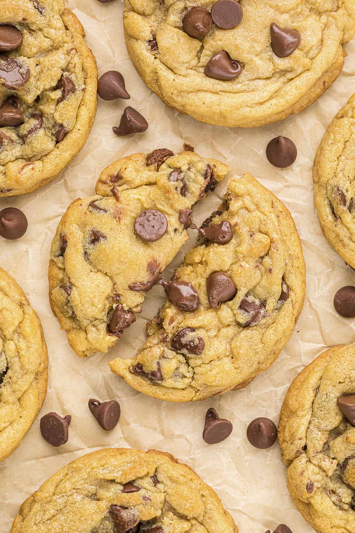 Chocolate chip pudding cookies on baking sheet.