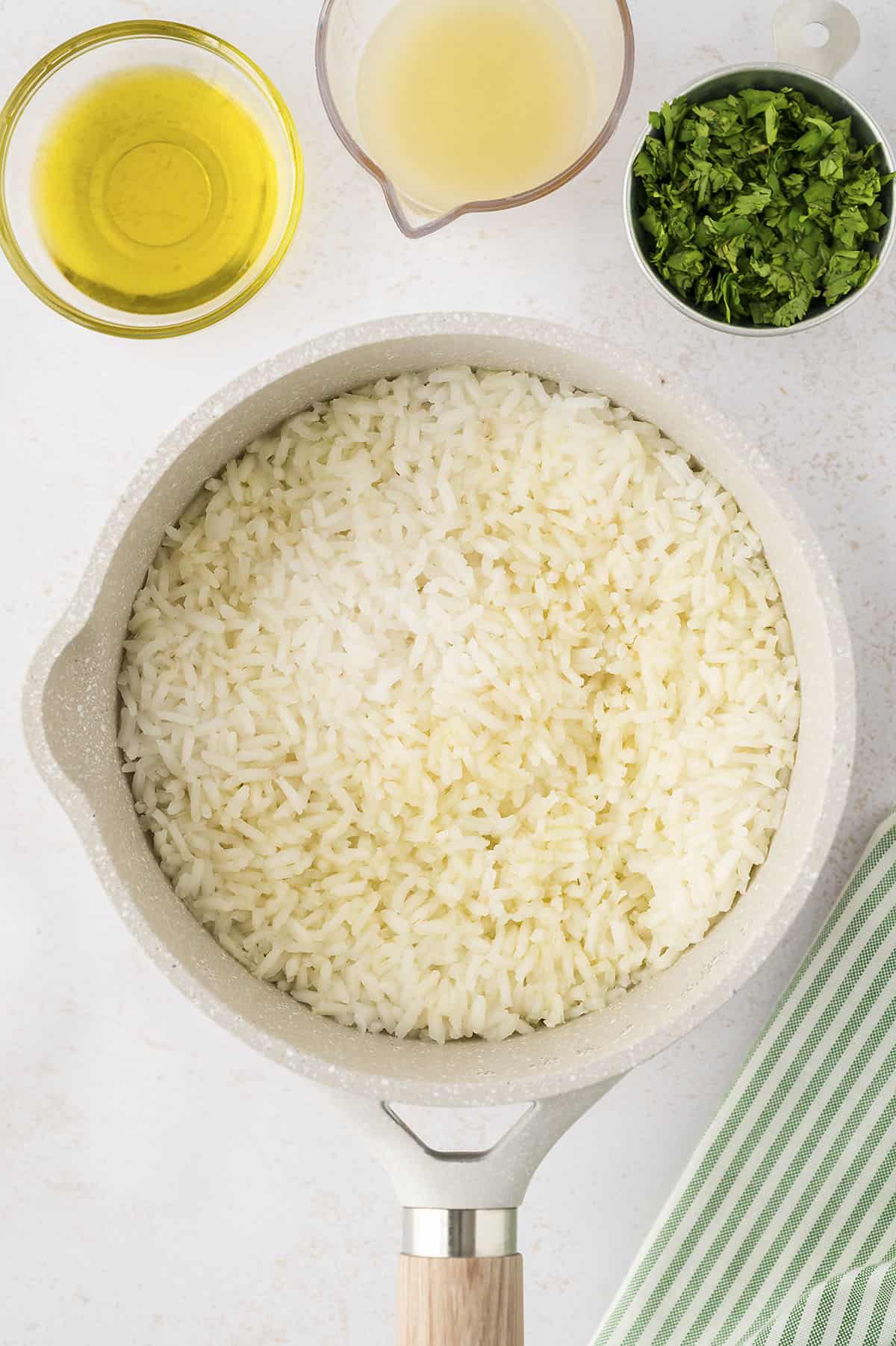 Cooked white rice in pot.