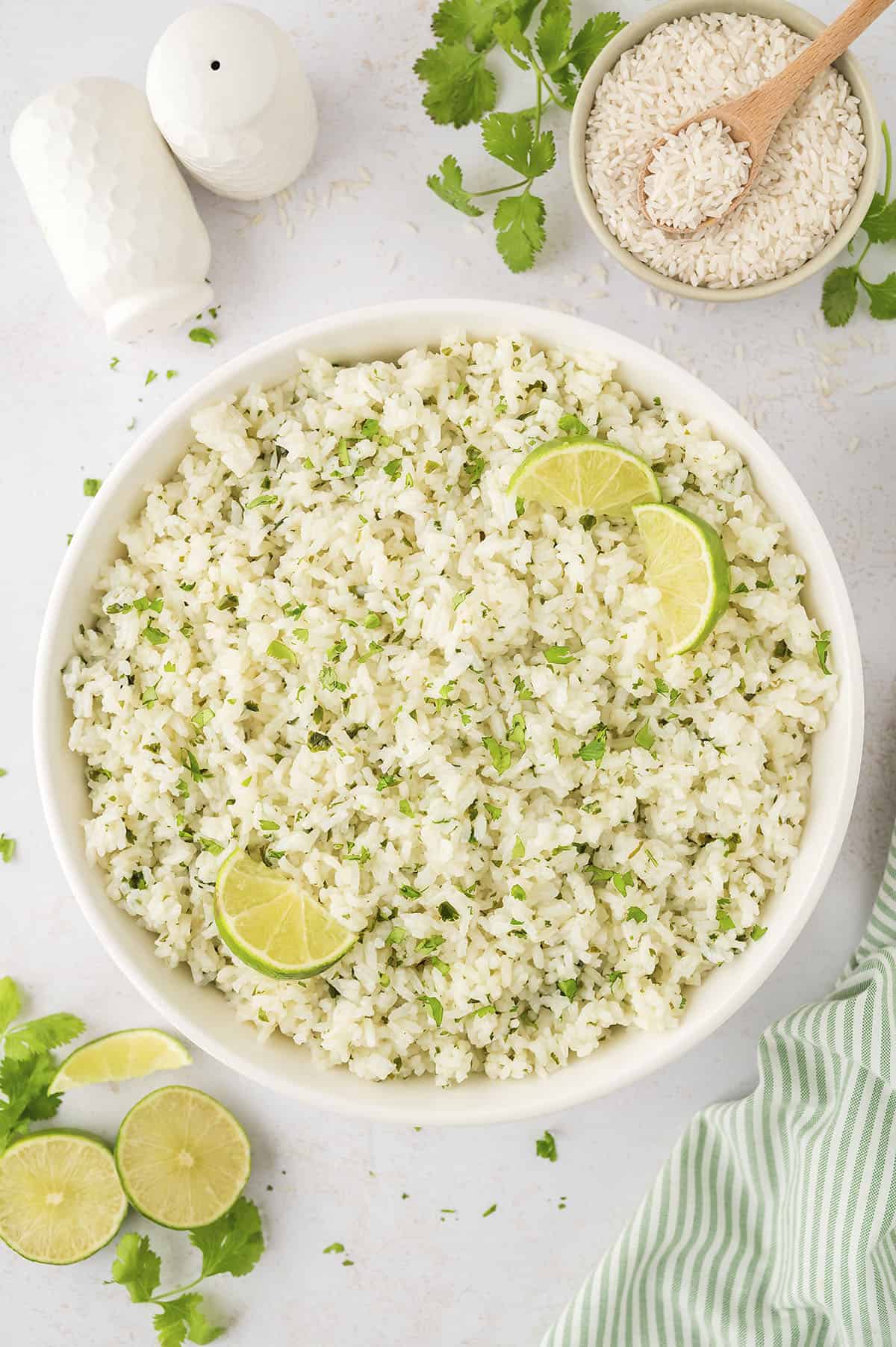 Cilantro lime rice in white bowl.