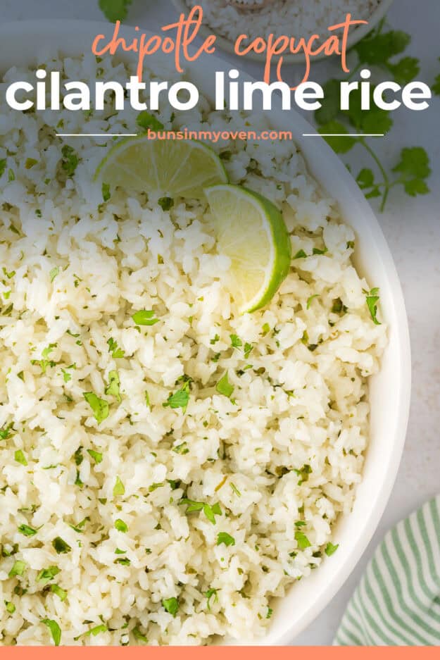 Recipe for cilantro lime rice in white bowl.