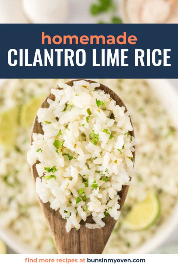 Cilantro lime rice on wooden spoon.