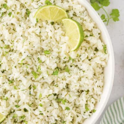 Cilantro lime rice in white bowl.