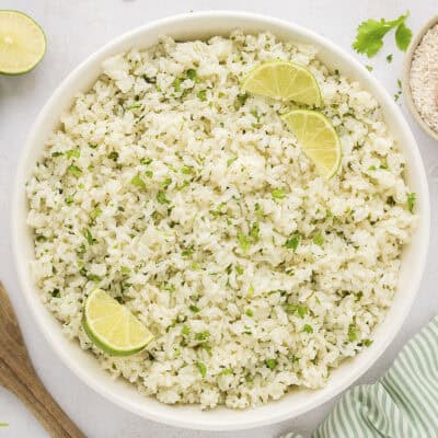 Cilantro lime rice in white bowl.