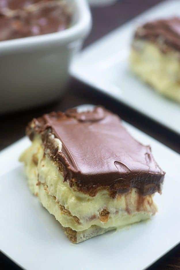 Eclair cake square on a plate.