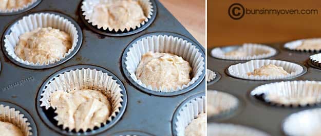 Cupcake batter in muffin wrappers in a muffin tin