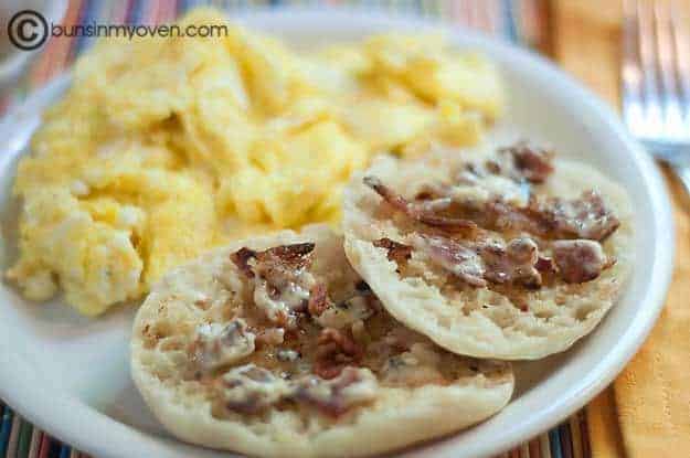 An English muffin topped with bacon butter 