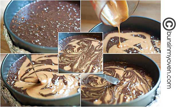 A photo collage of caramel being drizzled on brownie cake. 