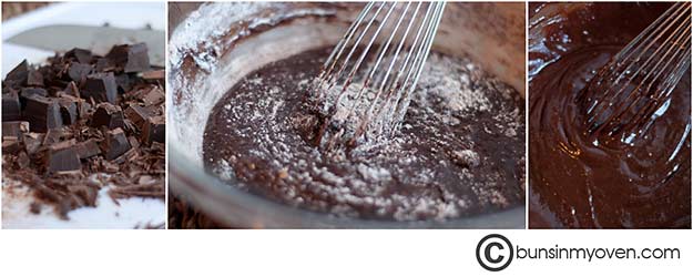 A closeup of brownie batter with a whisk in it 