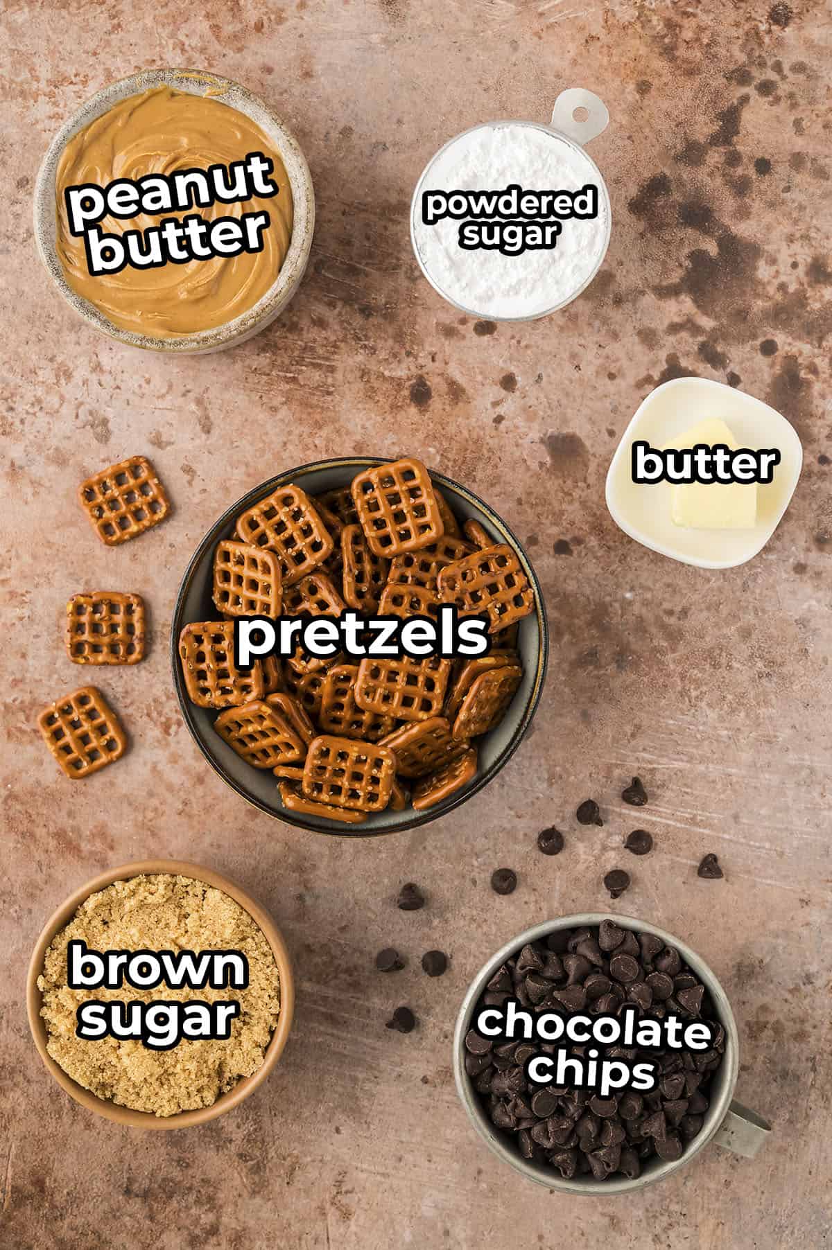 Ingredients for peanut butter pretzel bites.