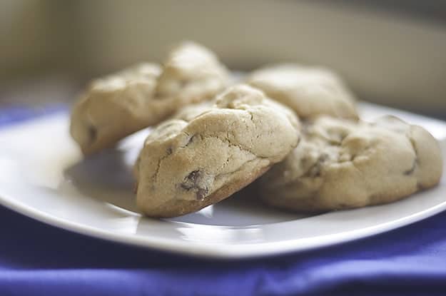 A pile of chocolate chip cookies on a white plate 