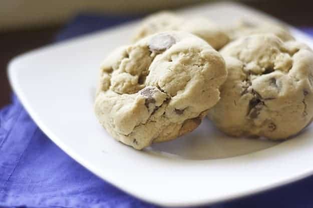 A close up of puffy chocolate chip cookies on a square plate.