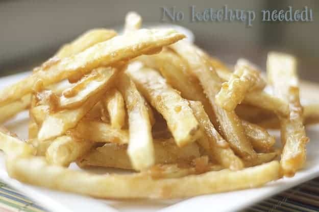 A closeup of battered French fries 