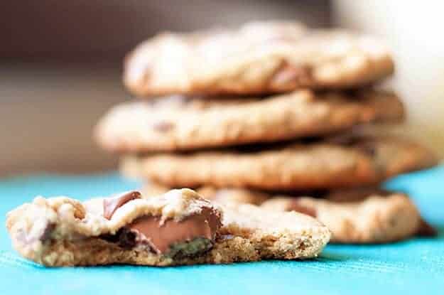 Candy bars all up inside these delicious peanut butter chocolate chip cookies.