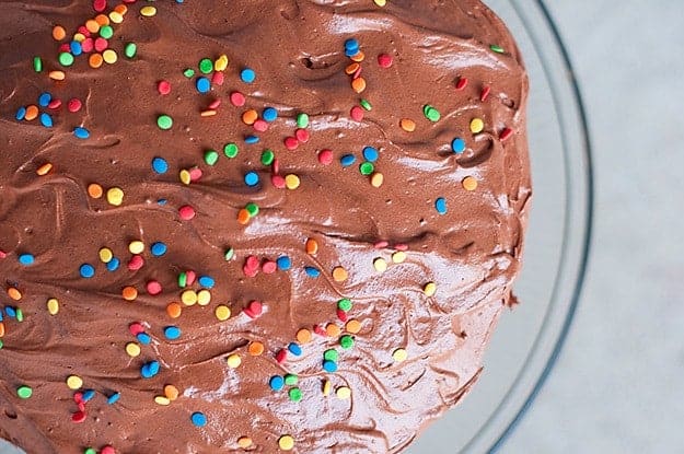 Confetti cake is so colorful! We love it with chocolate frosting!