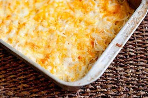 Cheesy potato casserole in the baking pan