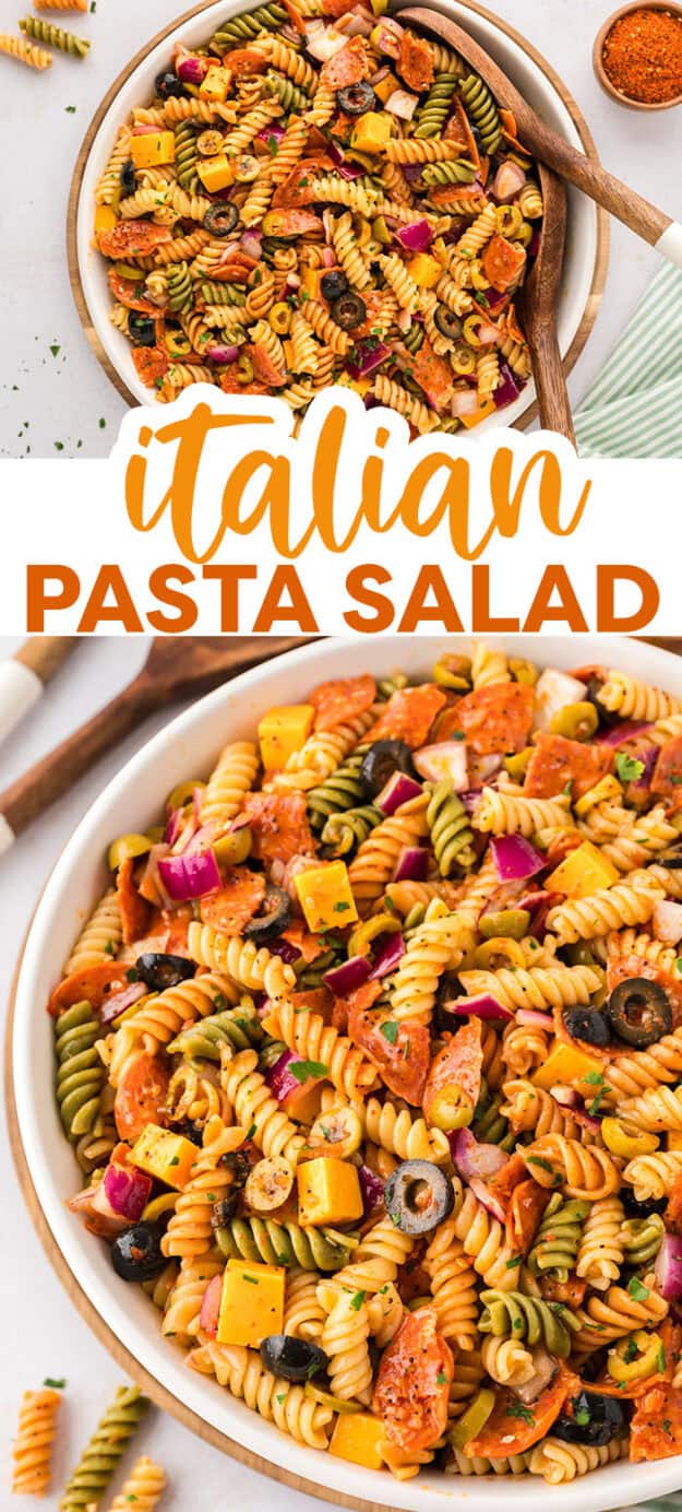 Collage of pasta salad recipe images.