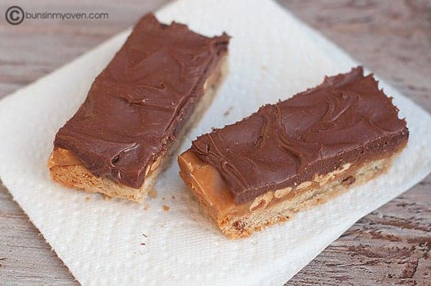 Chocolate peanut butter bars candy on a napkin