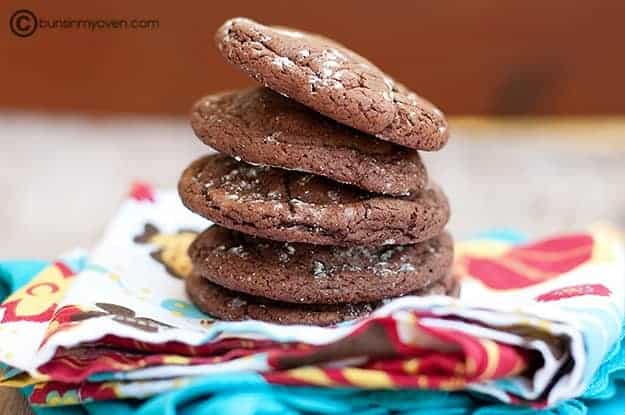 Stacked Rolo filled chocolate cake mix cookies.