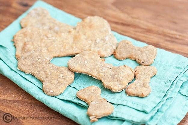 Different sizes of peanut butter banana dog treats.