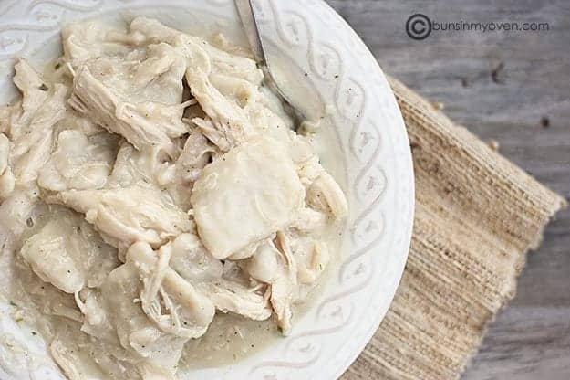 Southern chicken and dumplings in a white bowl