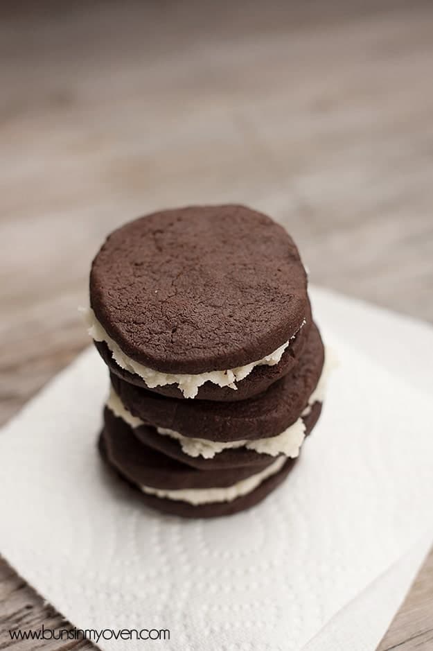 Overhead view of a stack of chocolate sandwich cookies.