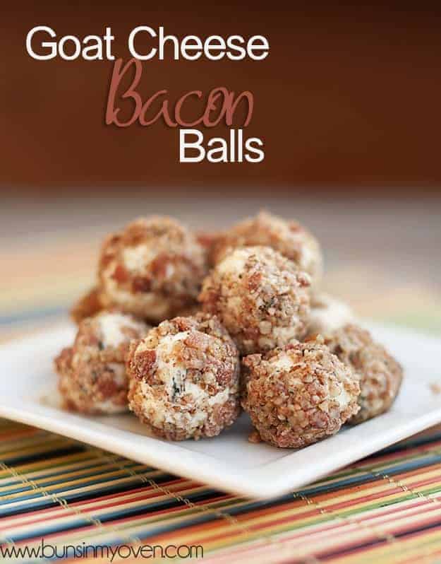 Bacon cheese balls piled on a square white plate