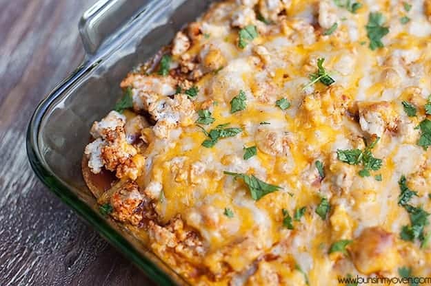 cooked chicken tamale casserole in baking pan