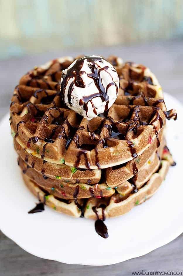 Overhead view of ice cream on top of waffles 
