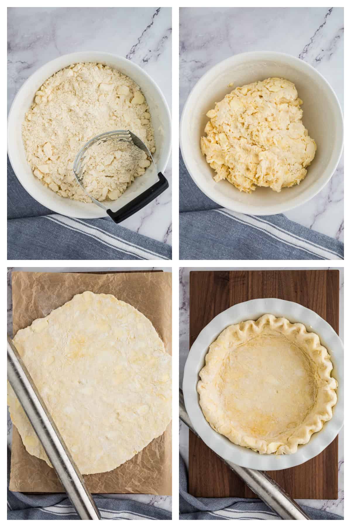 Collage showing how to make pie crust.