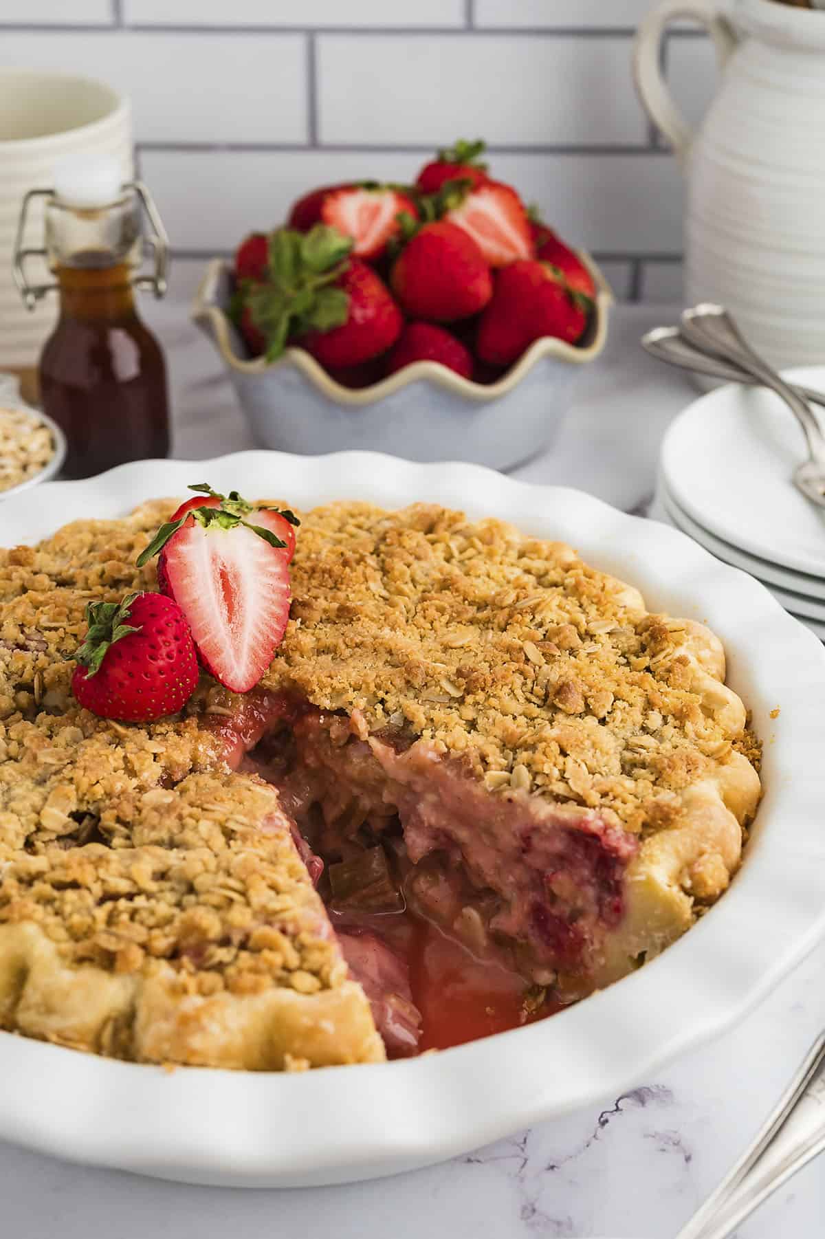 Strawberry rhubarb pie in pie plate.