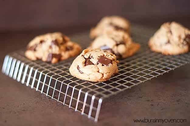 Peanut butter and chocolate chip cookies on a wire cooling rack 
