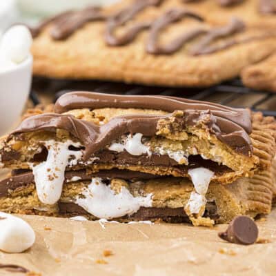 S'mores poptarts cut in half and stacked.