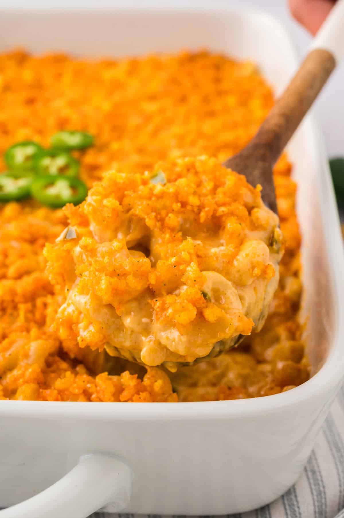 Jalapeno mac and cheese in white baking dish.