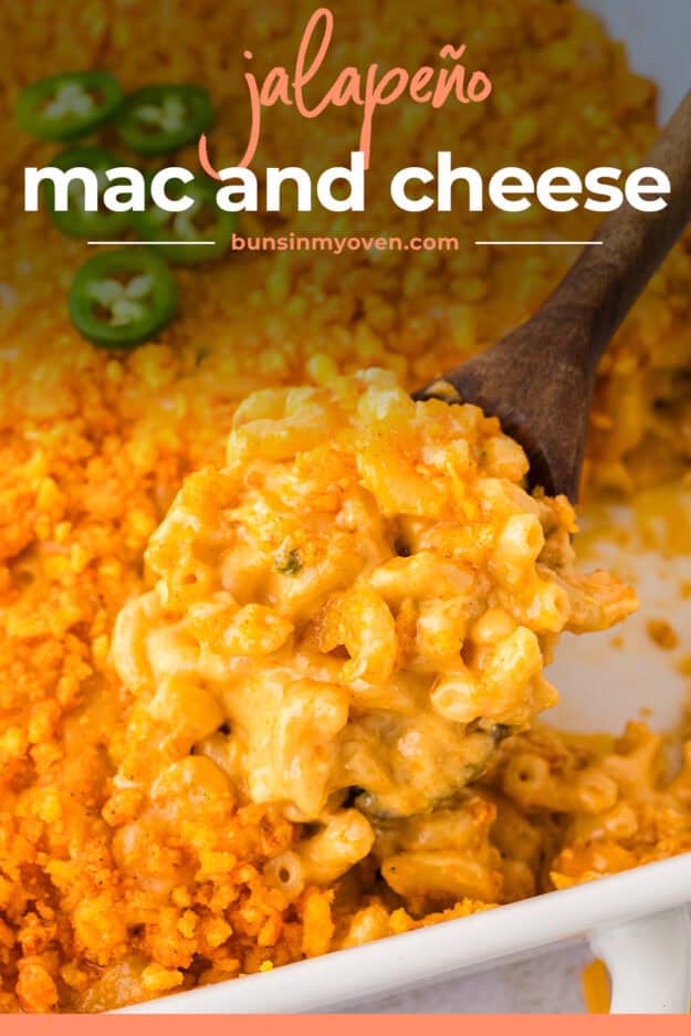 Jalapeno mac and cheese recipe in baking dish.