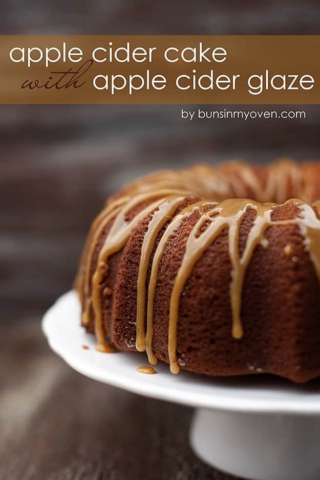 A close up of apple cider pound cake on a cake stand
