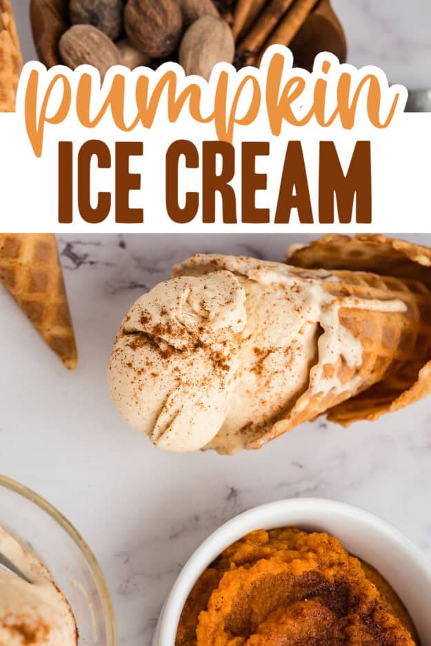 Pumpkin pie ice cream in ice cream cone.