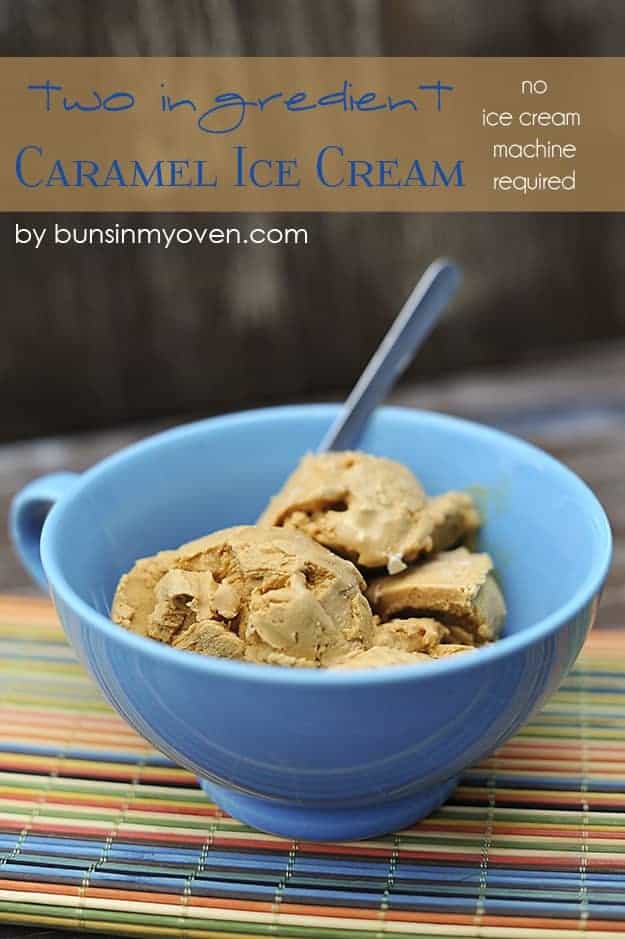 A bowl of caramel ice cream with a spoon in it.