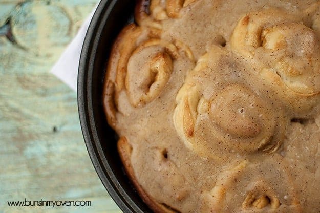 A close up of a brown butter cinnamon rolls.