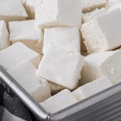 HOmemade marshmallows in metal pan.