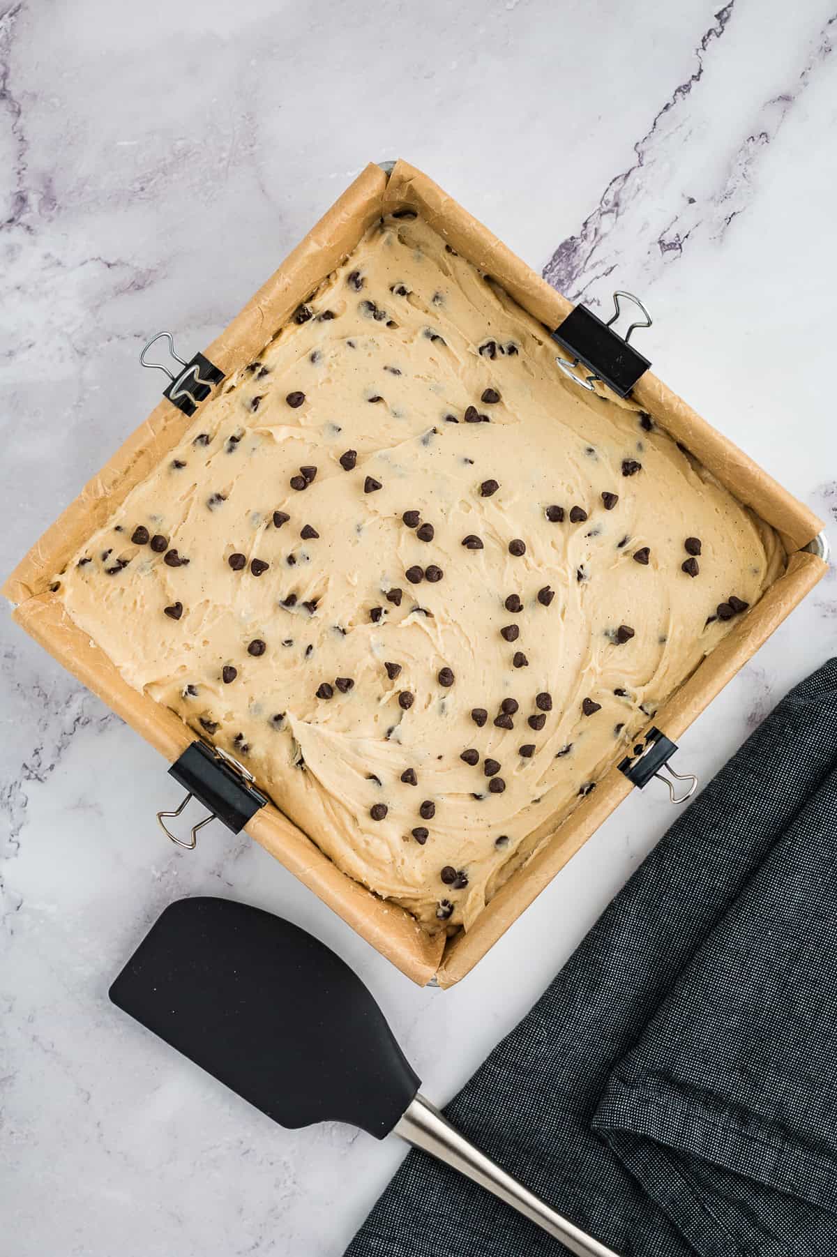 Cookie dough fudge in bakign dish.