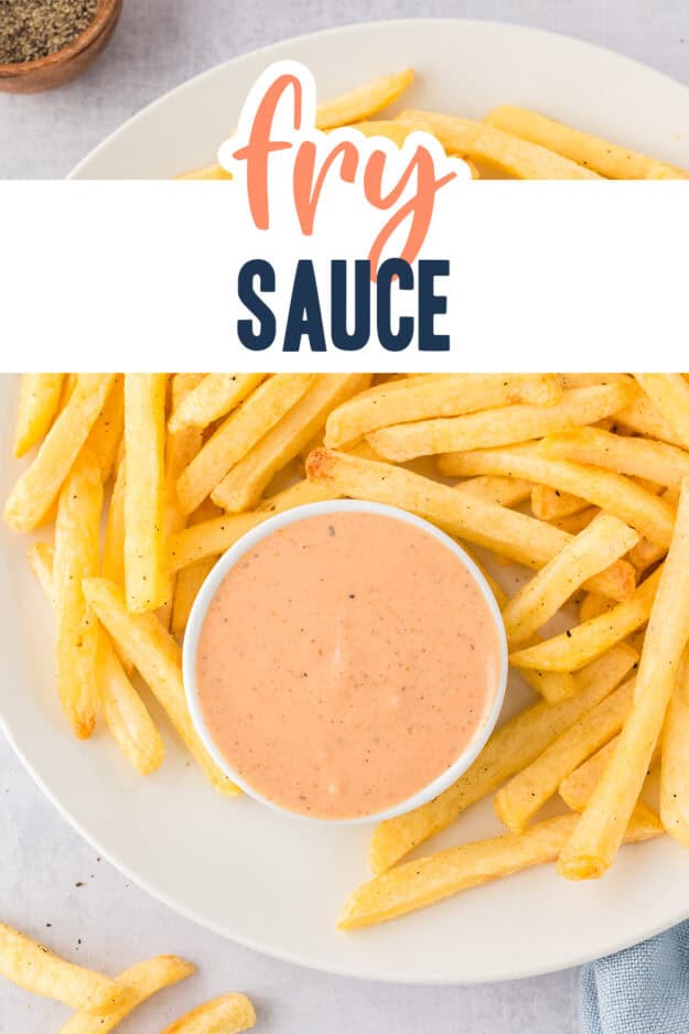 Fry sauce in white bowl surrounded by french fries.