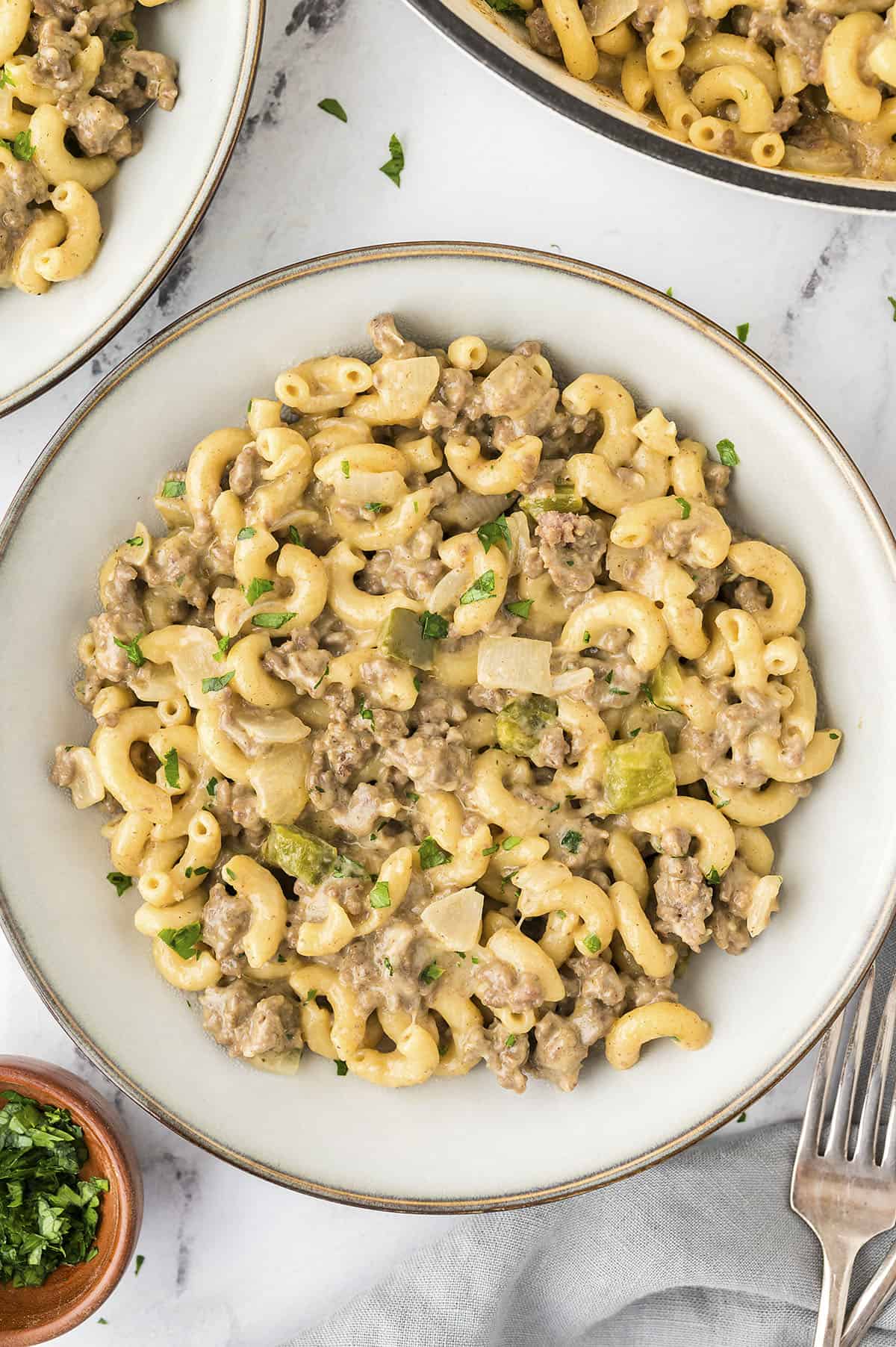 Plate full of Philly cheesesteak pasta recipe.