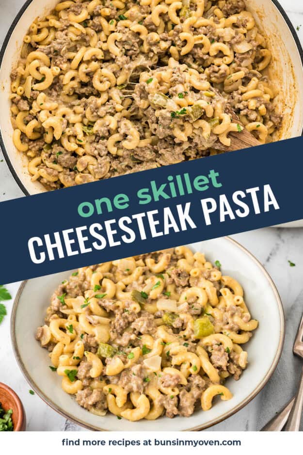 Collage of cheesesteak pasta images.