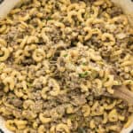 Skillet full of Philly cheesesteak pasta recipe.