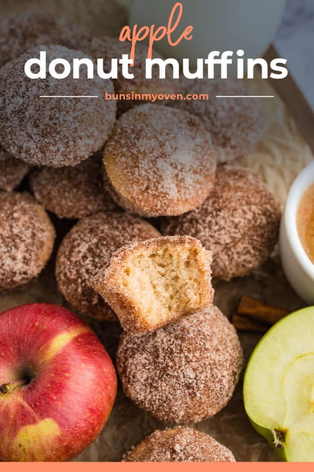 Apple donut muffins piled together.