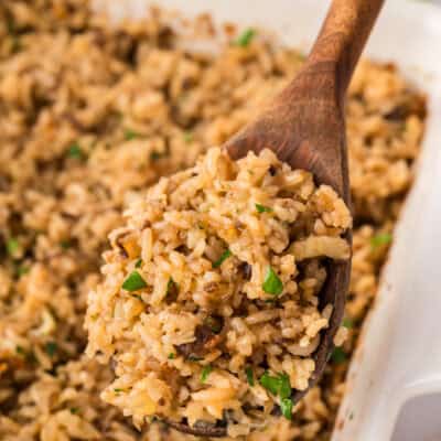 Baked French onion soup rice in pan.